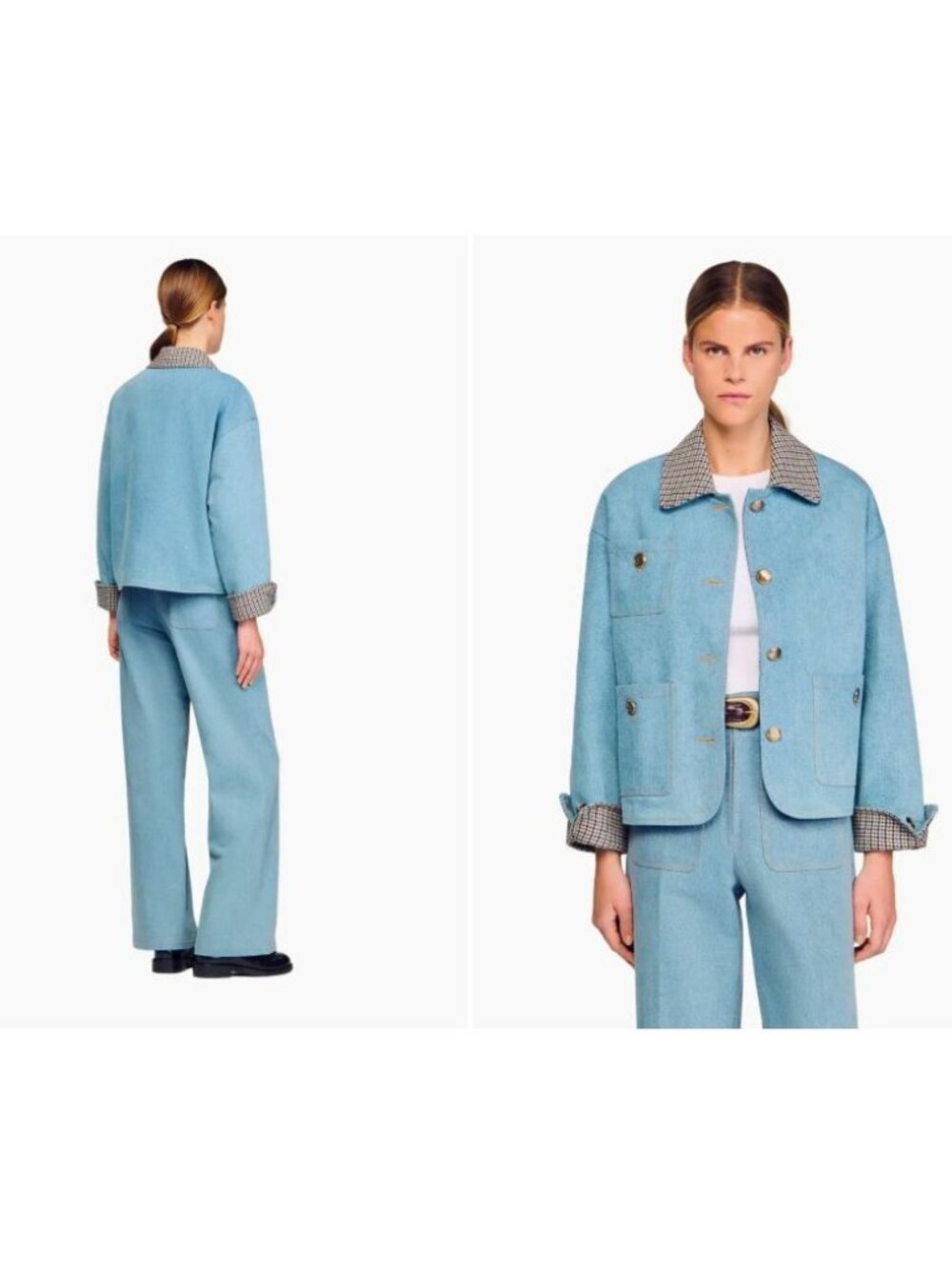 Sandro Light Blue Denim Jacket With Contrast Collar Womens Jean Coat - Picture 15 of 16